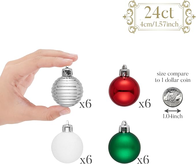 Valery Madelyn 1.57 Inches Small Christmas Tree Decorations Ornament Set for Fall Halloween, 24ct Red Green and White Shatterproof Hanging Ball Ornaments Holiday Party Decor