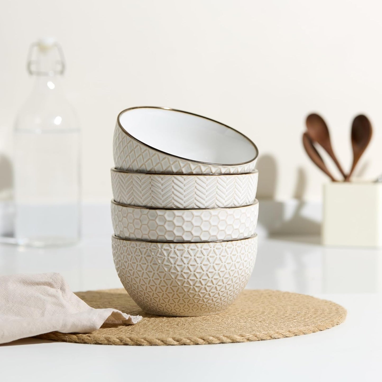 KooK Soup Bowls, Embossed, Ceramic Bowl, for Soup, Cereal and Poke, Microwave & Dishwasher Safe, Cream with Dark Copper Accents, Set of 4, 26 oz, Narbonne Collection