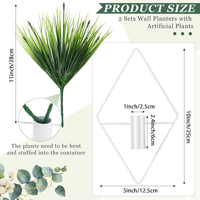 2 Pieces Wall Decor Hanging Planters with Artificial Plants Metal Hanging Vase Indoor Plants Holder Modern Boho Wall Art for Bathroom Bedroom Living Room Decor(White,Aquatic Plant)