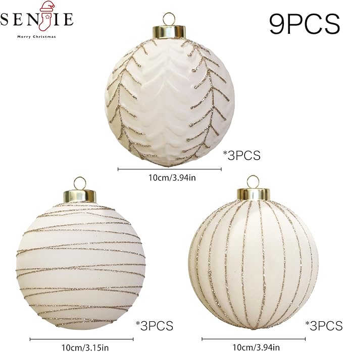 4inch Velvet Ornaments for Christmas Tree, 9PCS Glitter Flocked Christmas Ornaments Decorations Balls Set Decor Beige