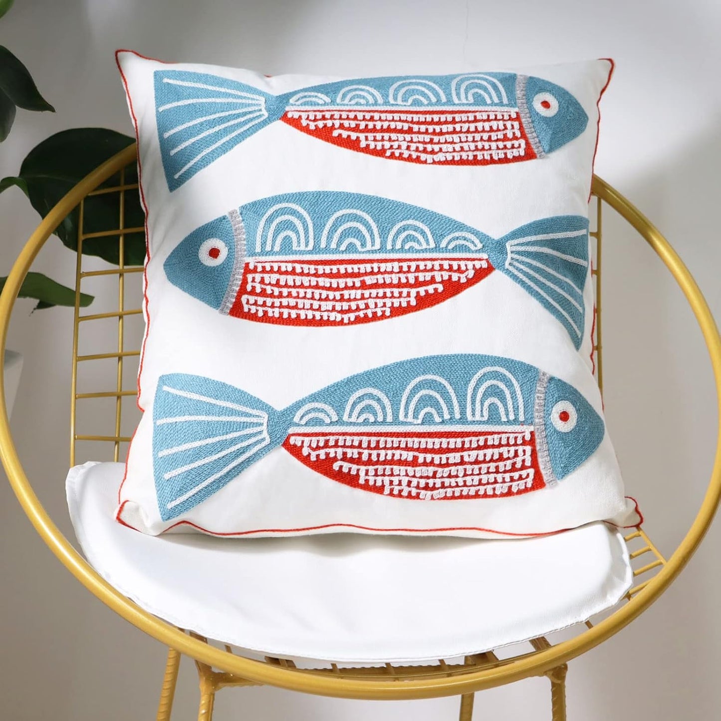 1 PCS Embroidered Throw Pillow Cover Cotton Decorative Square Cushion Cases for Home Sofa Bed and Chair 18 x 18 Inch (Red Fish)