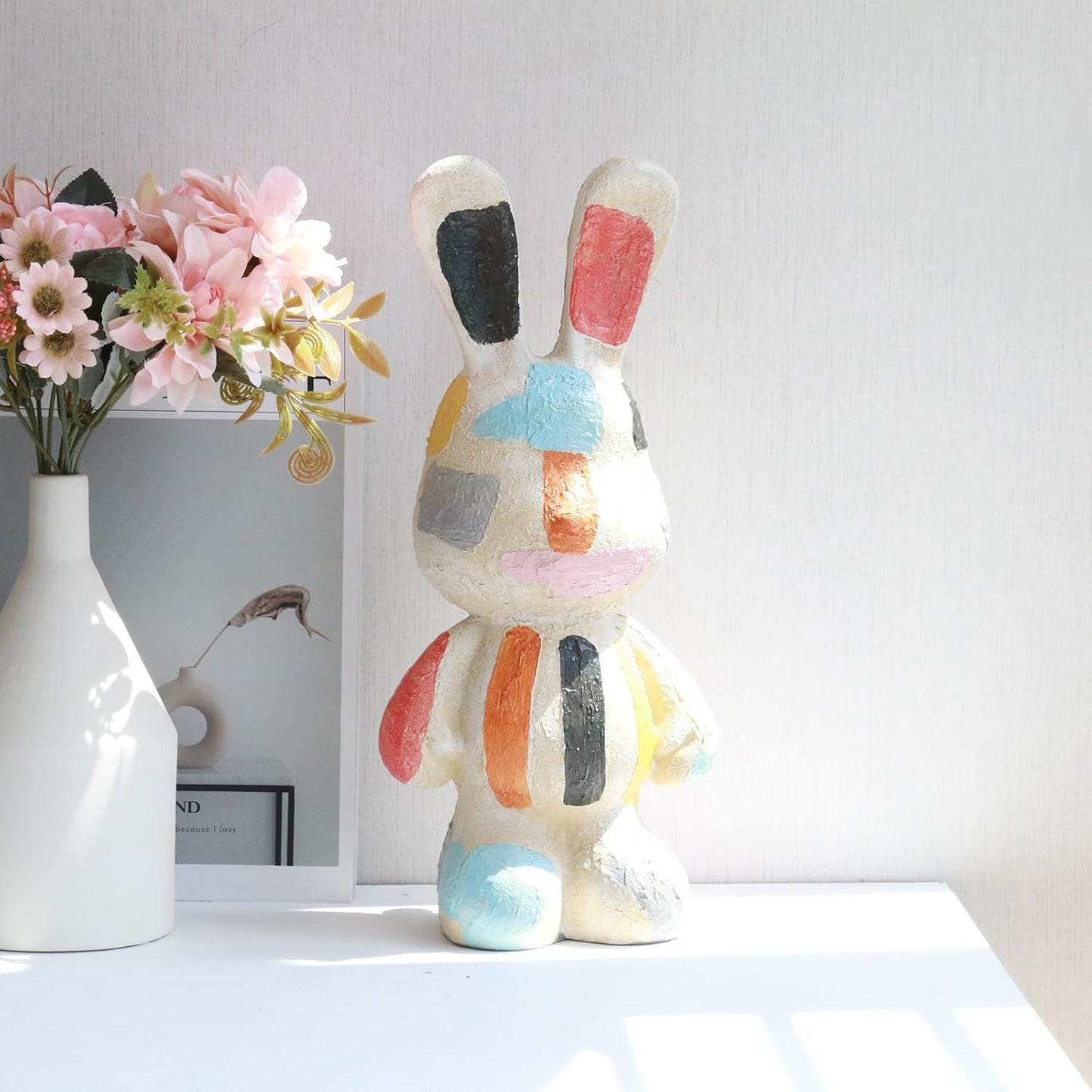 Lukitas Bunny Statue Decor, Colorful Artistic Rabbit Sculpture, Vibrant Faux Sandstone Decorative Ornament for Garden Patio Yard Living Room, Resin 14''