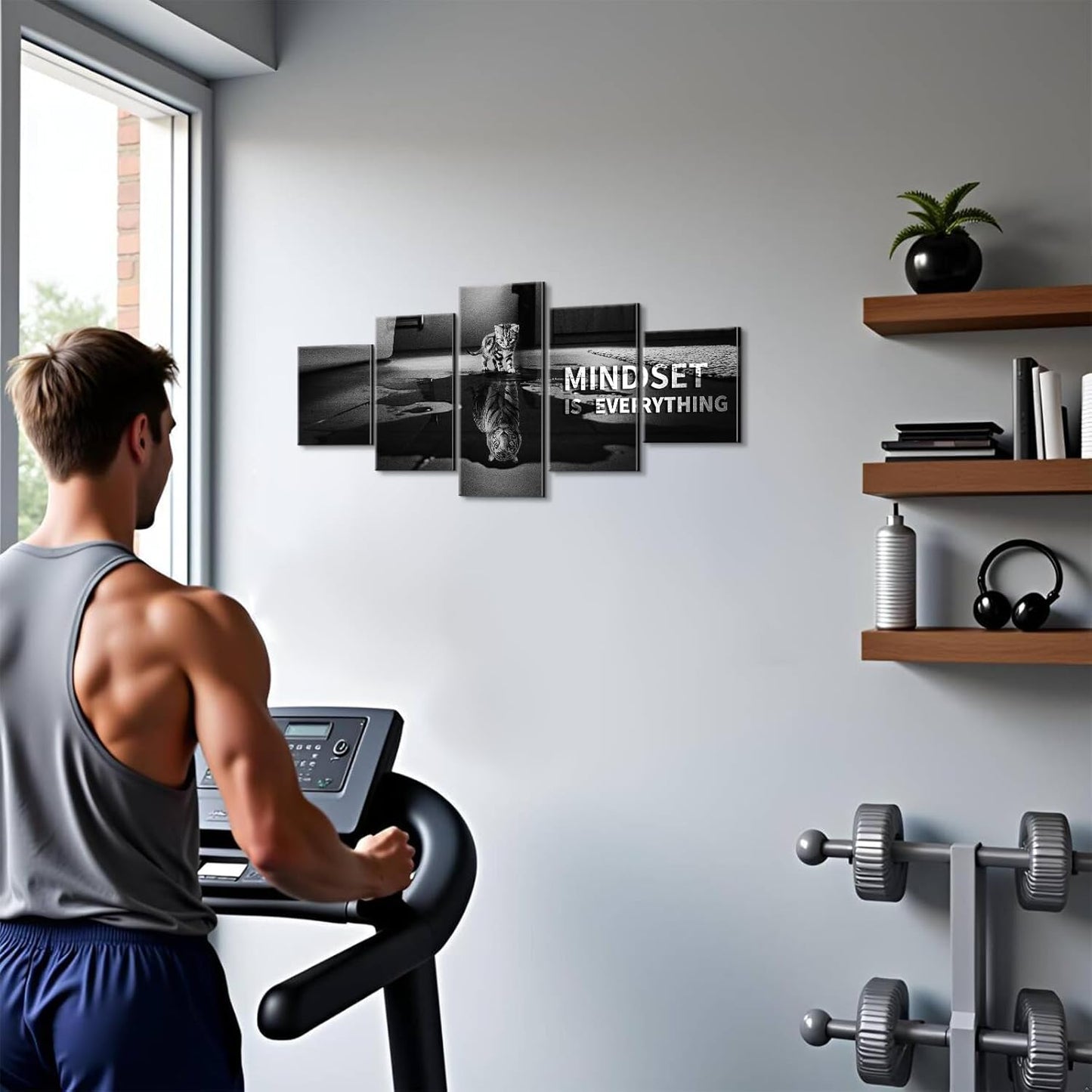 Mindset is Everything 5 Pieces Motivational Tiger Wall Art with Wooden Frame, Inspirational Quotes Poster for Office & Home Decor, Modern Motivational Wall Decor, Positive Office Art (50''W x 24''H)