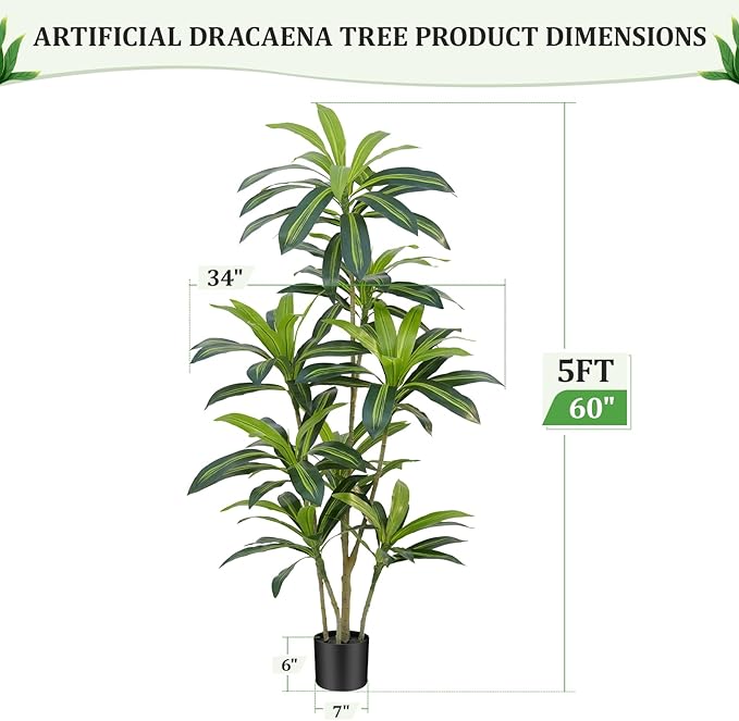 5Ft Dracaena Plant Artificial Tree Fake Tropical Floor Plants Potted (Real Touch) Artificial Silk Tree Leaf Faux Trees Black Tall Planter for Home Office Living Room Indoor Outdoor Decor（2Pack）