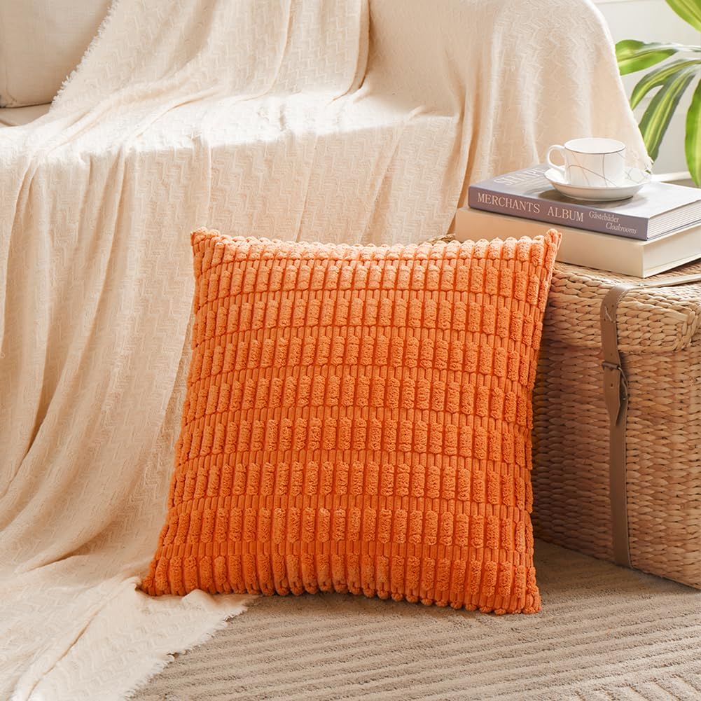 Fancy Homi 4 Packs Orange Fall Decorative Throw Pillow Covers 18x18 Inch for Couch Living Room Bed Sofa, Halloween Pumpkin Autumn Home Decor, Soft Cute Plush Corduroy Striped Cushion Case 45x45 CM