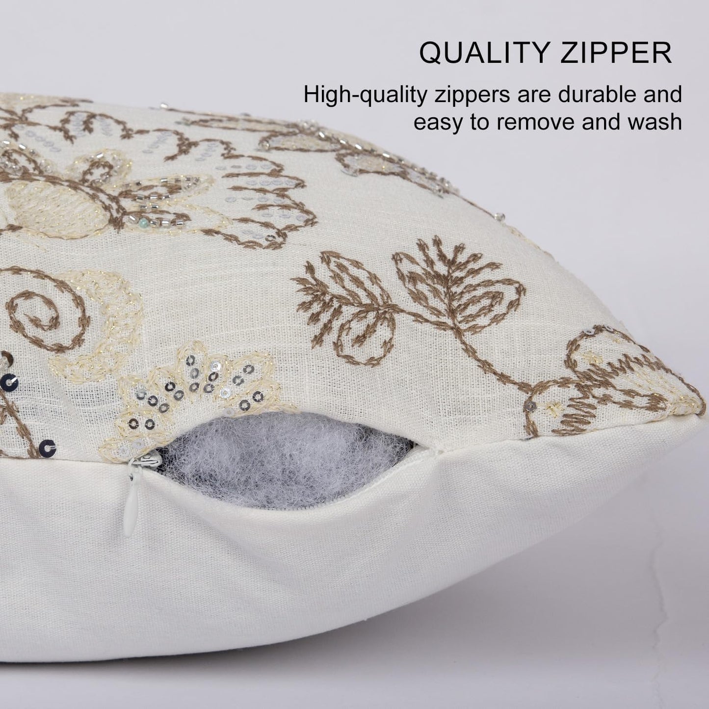Floral Embroidered Lumbar Throw Pillow Cover 12x 20, Sequin Chinoiserie Flower Neutral Linen Pillow Cushion Cases, Farmhouse Decorative Pillows for Bed, Outdoor Couch White