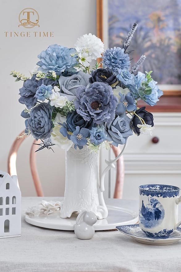 TINGE TIME Fake Flowers Artificial Flowers Peonies Bulbous Chrysanthemum Daisy Hydrangea Sunflower Violets Dahlia Daffodils Epiphyllum Orchid Cherry Blossom Camellia Leyaron (Dusty Blue)