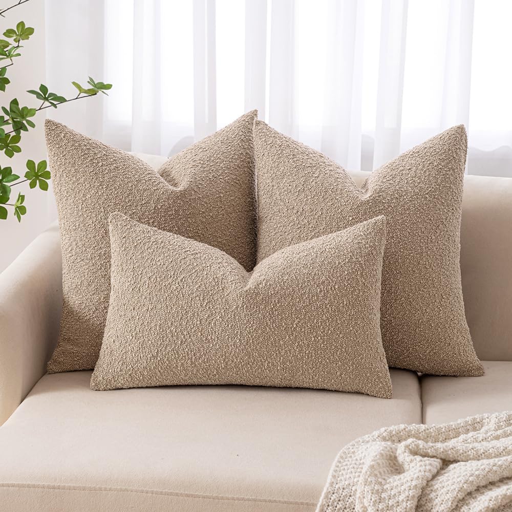 MIULEE 16x16 Inch Decorative Pillow Covers for Couch Bed Set of 2 Textured Boucle Neutral Winter Throw Pillows Khaki Accent Solid Cushion Pillowcases Sofa Livingroom Home Decor