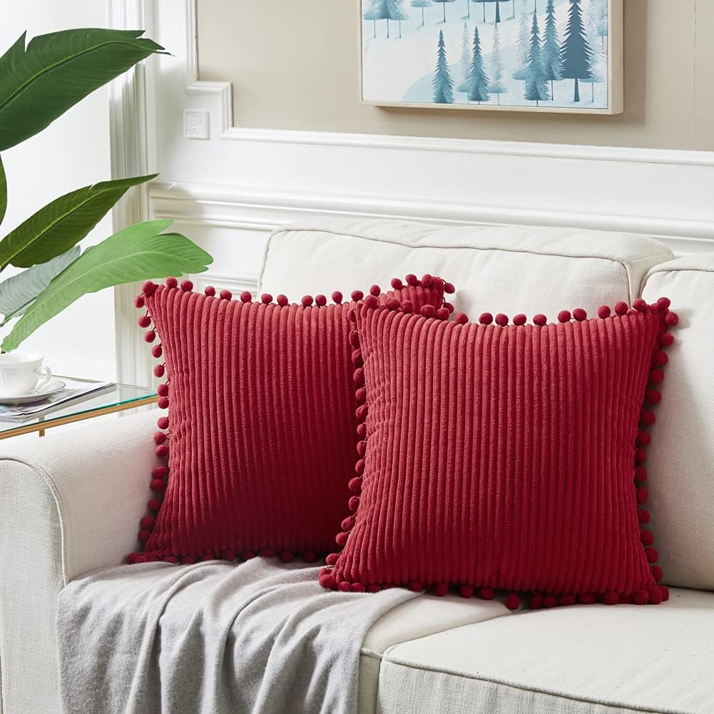 Fancy Homi Burgundy 26x26 Pillow Covers Set of 2, Euro Pillow Covers with Pom-poms, Big Throw Pillow Covers for Couch Bedroom 66x66 cm