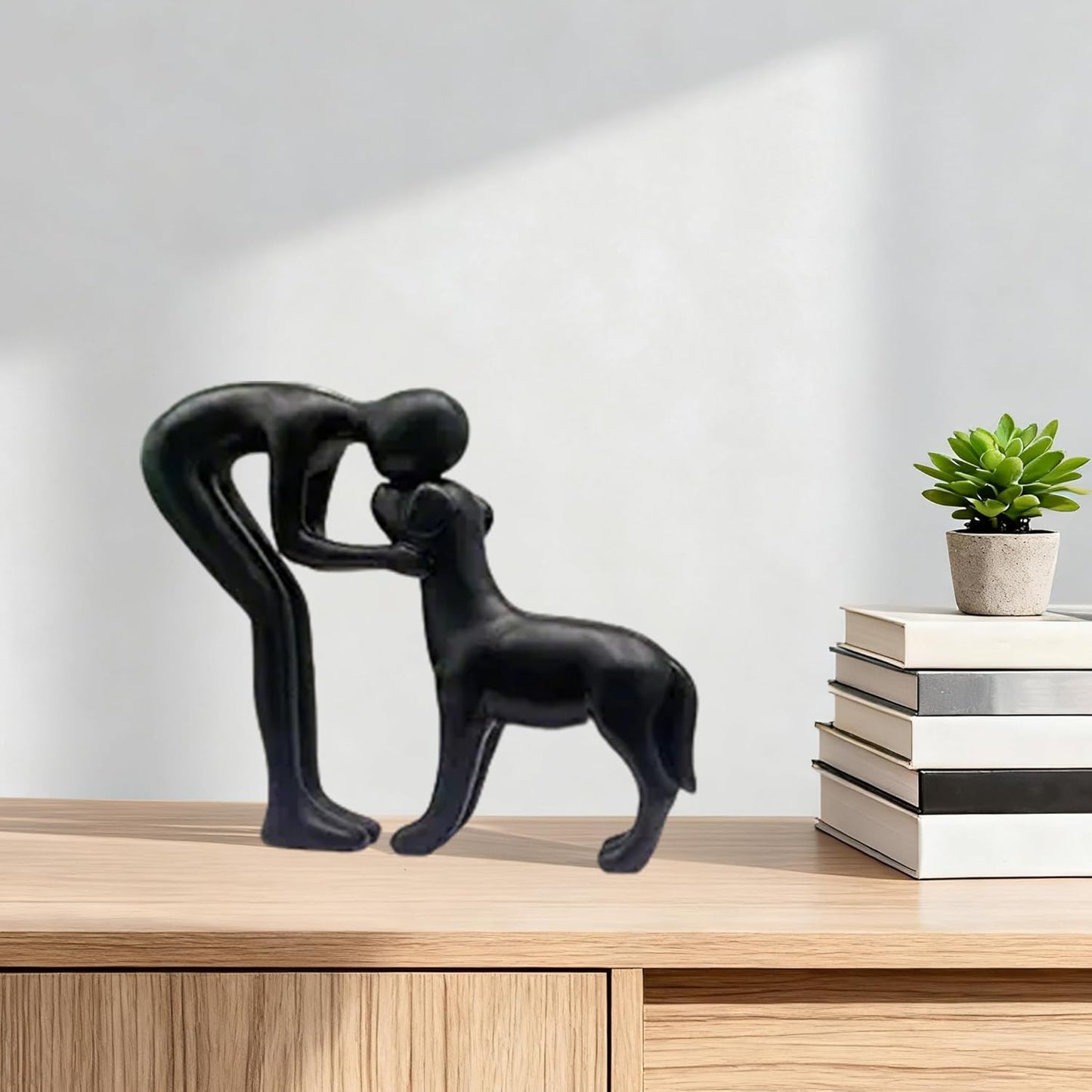 Mingzhang Human and Dog Statue Decoration Cute Black Dog Sculpture Home Decor for Office Living Room Bedroom, Memory Gifts for Pet Lovers Friends Family