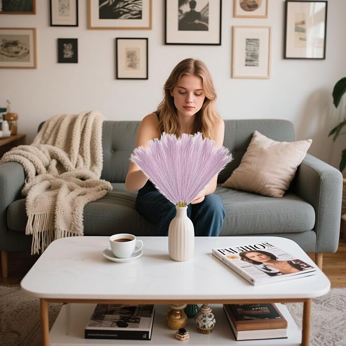 30 Pcs Light Purple Faux Pampas Grass, 17 Inches Artificial Pampas Grass Bulk, Short Fluffy Faux Pompas for Vase Filler, Home Boho, Wedding Anniversaries, Baby Shower Decoration