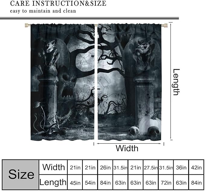 Gothic Blackout Curtains, Halloween Creepy Horror Gargoyles Bat Pumpkin Skeleton Pattern Drapes Window 2 Panel Rod Pocket Curtain for Bedroom Living Room Decor 26" W X 84" L