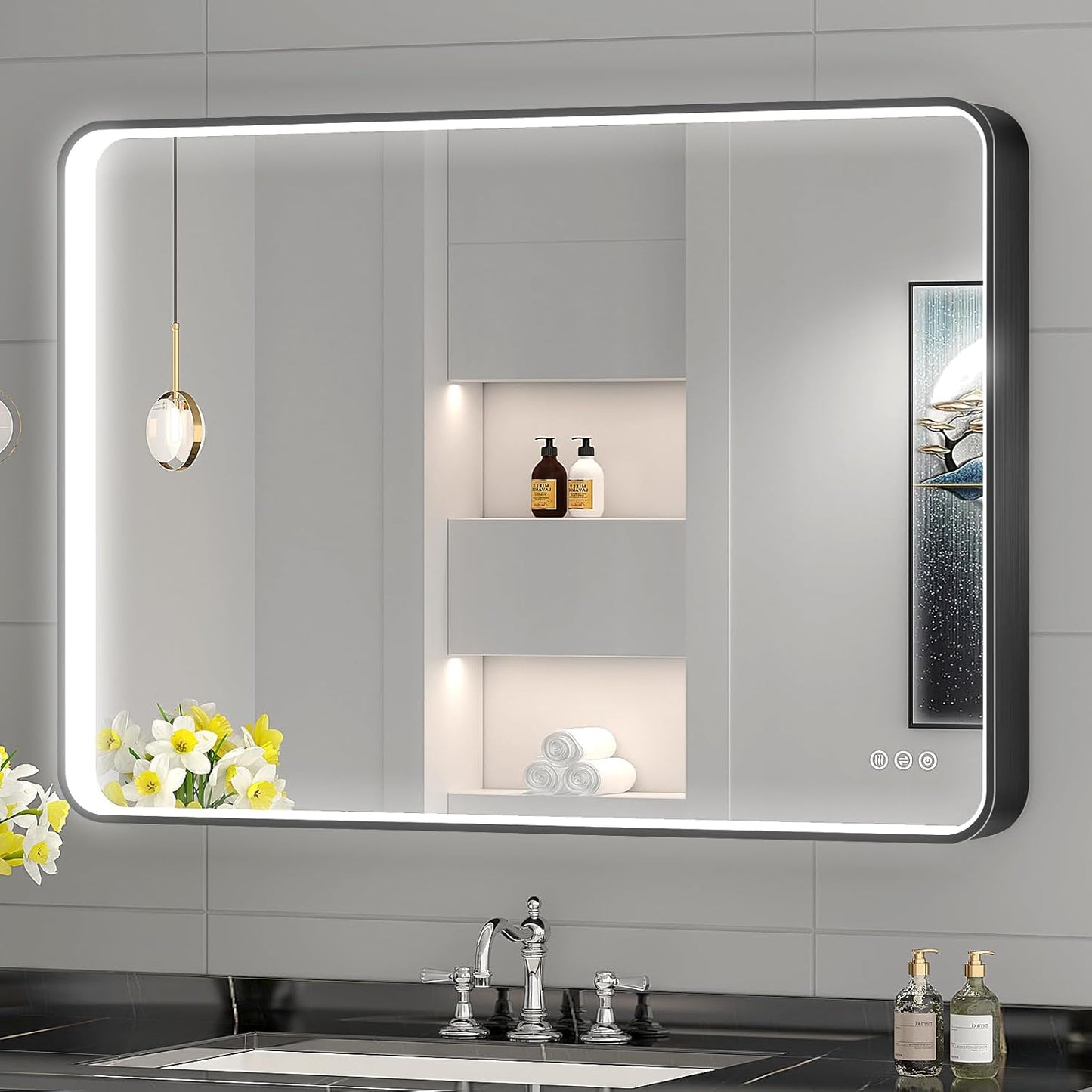 LED Mirror for Bathroom 40X28 Inch Black Framed with Anti-Fog, Stepless Dimmable, Front Lit, LED Bathroom Vanity Mirror for Wall, Memory Function, Shatter-Proof