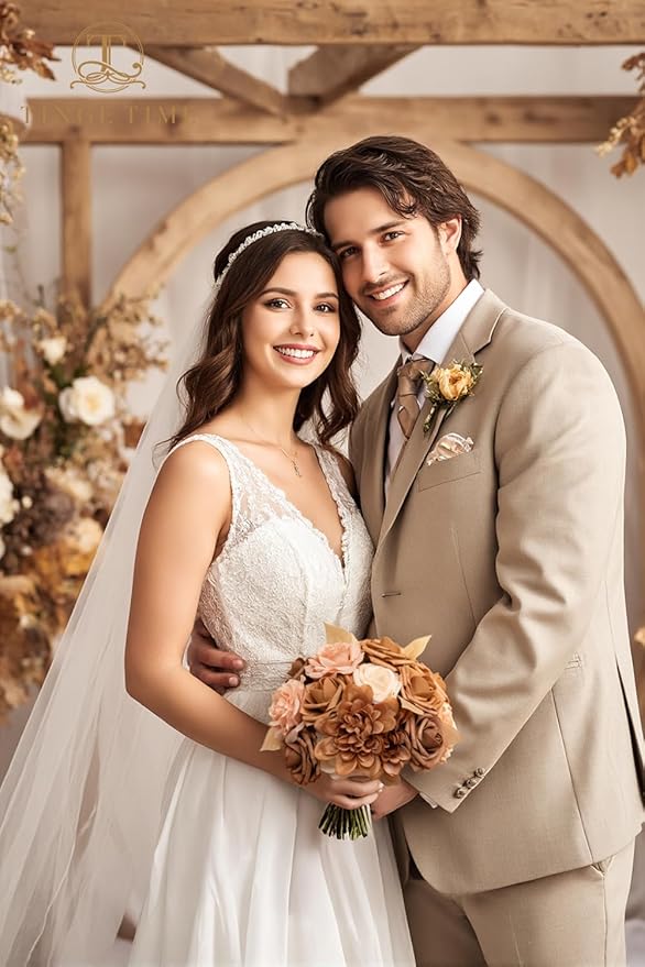 TINGE TIME Artificial Flowers, Fake Rose Silk Dahlia with Stems for DIY Bridal Wedding Bouquets Baby Shower Floral Arrangements Centerpiece Table Party Home Decorations(Dark Milk Tea)