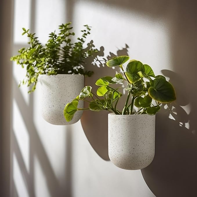 LA Jolie Muse Wall Hanging Planters for Indoor Plants，Hanging Flower Pots for Air Plants Succulent, Set of 2, 5.7L*4.1W*7H, Speckled White
