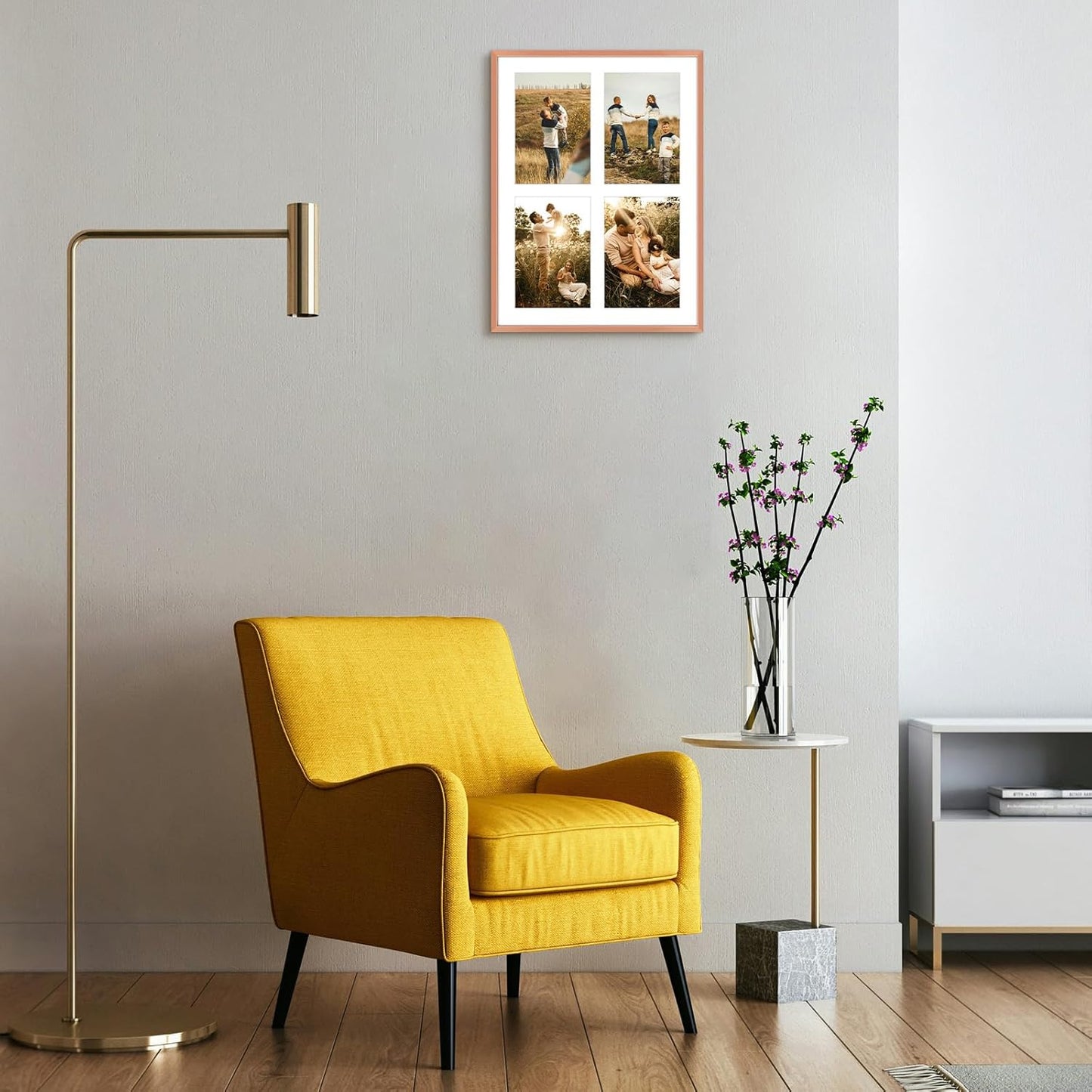 Frametory - 12x16 Aluminum Collage Picture Frame - Display 5x7 Pictures with 4 Openings Mat - Real Glass Front - Horizontal/Vertical Wall Mount - Rose Gold 1 Pack