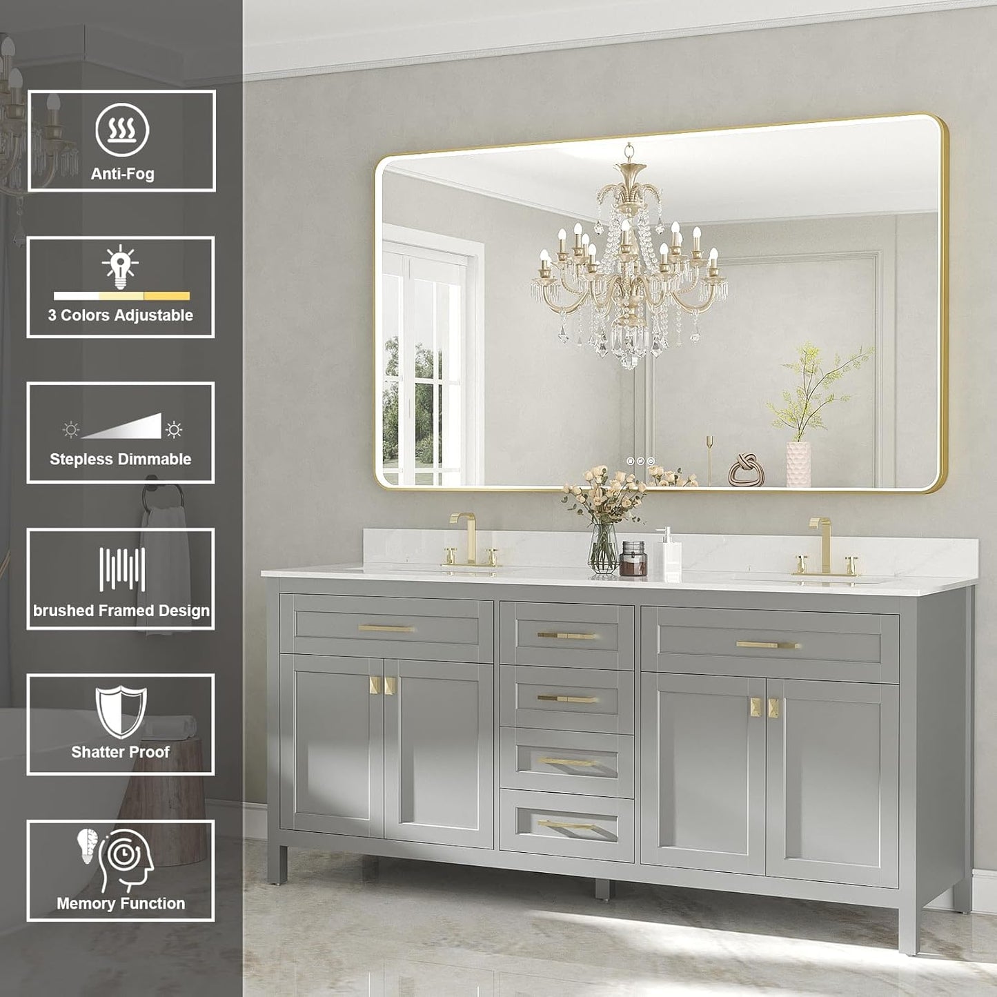 LED Mirror for Bathroom 55X32 Inch Gold Framed with Anti-Fog, Stepless Dimmable, Front Lit, LED Bathroom Vanity Mirror for Wall, Memory Function, Shatter-Proof
