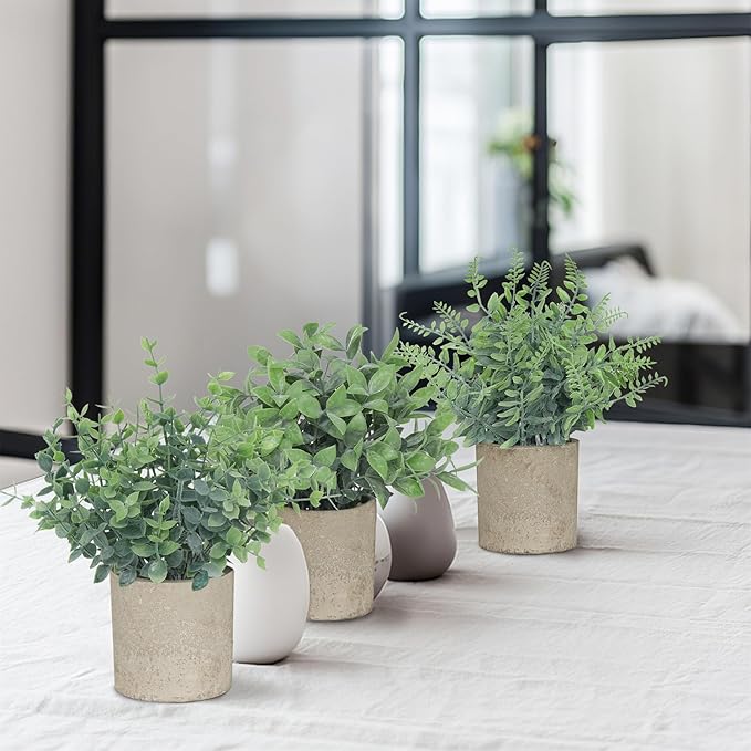 3 Pack Small Fake Plants, Artificial Eucalyptus, Boston Fern & Boxwood Leaves with Gray Paper Pulp Pots, Small Potted Faux Greenery for Home Decor, Bathroom, Shelf, Indoor&Outdoor Decoration