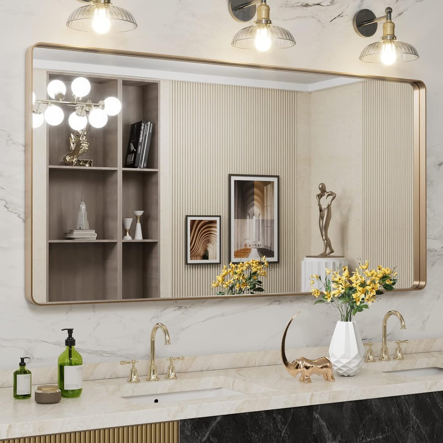 LOAAO 60”X30” Gold Bathroom Mirror, Rounded Rectangle Gold Frame Mirror, Brushed Gold Bathroom Vanity Mirror Wall-Mounted, Anti-Rust, Tempered Glass, Hangs Horizontally or Vertically