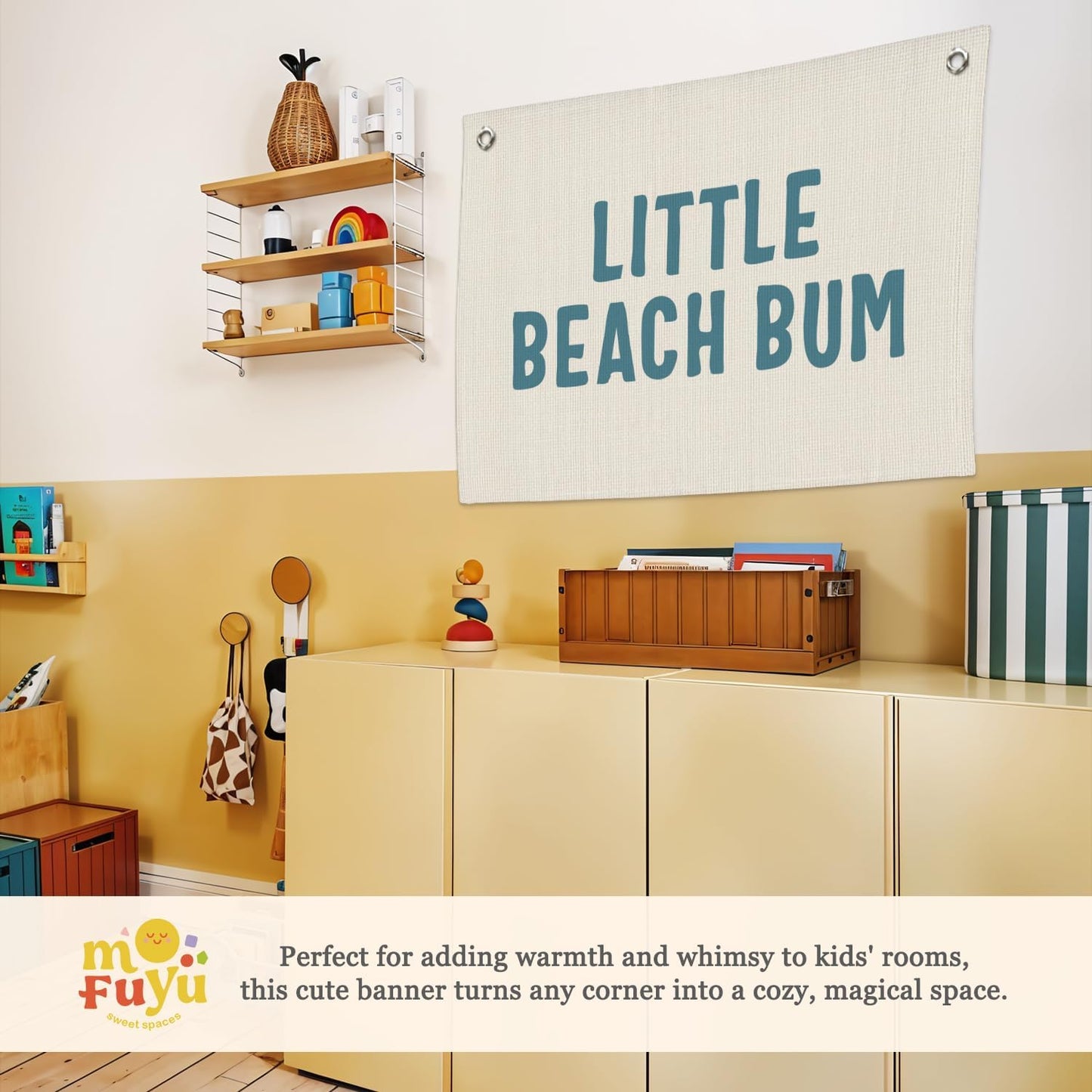 Little Beach Bum Canvas Banner - Coastal Nursery Wall Decor for Baby and Kids Room Nursery Playroom, Beach Theme Wall Hanging, Summer Surf Vibes, 30x20 Inch