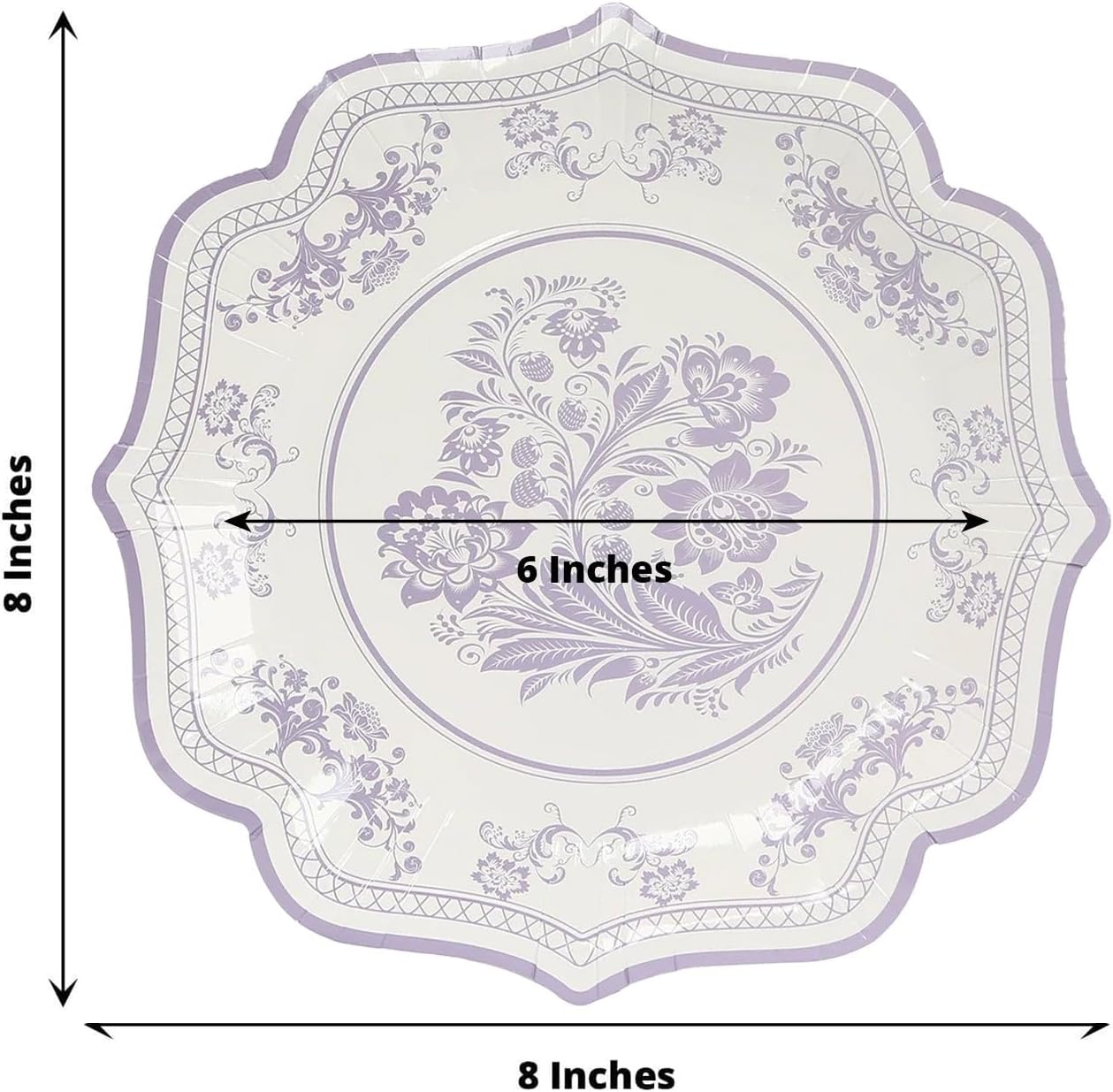 Efavormart 25 Pack White Lavender Lilac Paper Dessert Plates in Damask Floral Pattern, 8" Round Disposable Salad Appetizer Plates with Scalloped Rims - 300 GSM