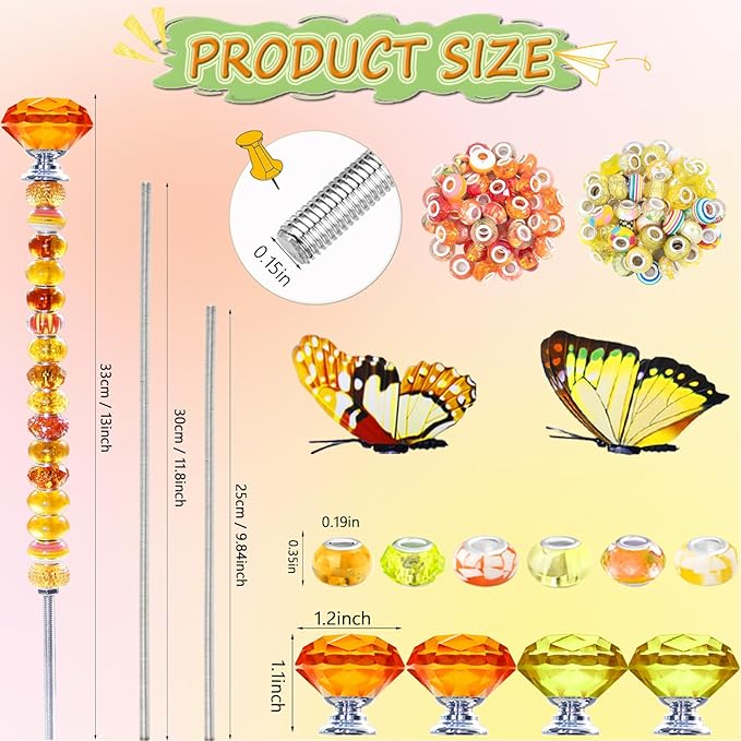 145 PCS Beaded Garden Stakes Kit, DIY Fairy Wand Garden Stake Beads Kits with Assortment Large Hole Beads 4 Crystal Stopper Top 2 Butterfly Tops and Threaded Rods for Outdoor Indoor Decor