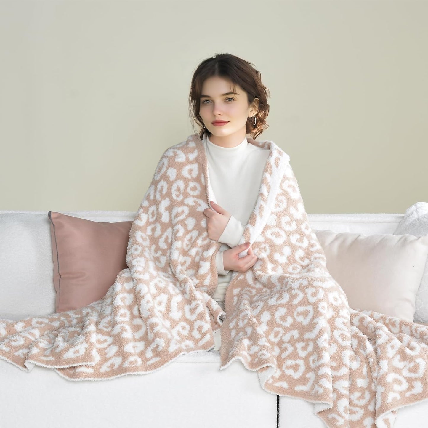 Leopard Knit Throw Soft Cozy Lightweight Blanket for Bed Sofa Couch Breathable Warm Cheetah Blanket Leopard Beige 50x60 Inches