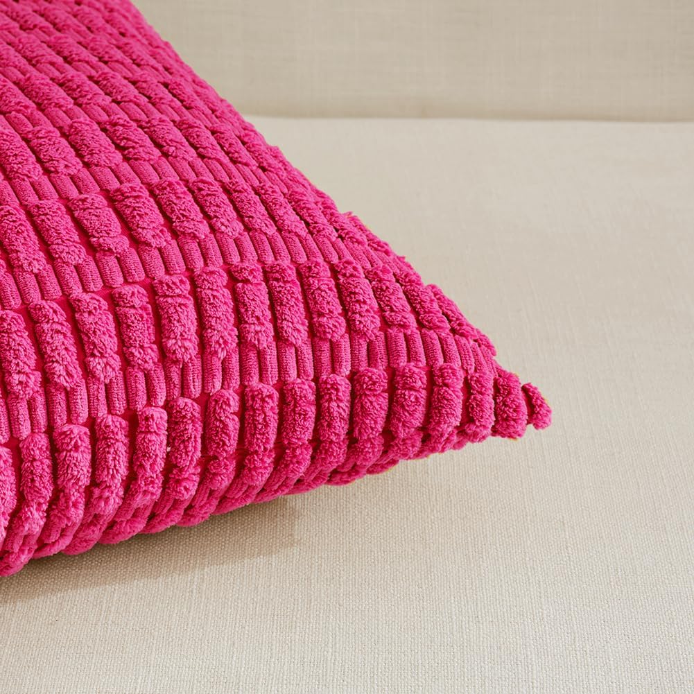 Fancy Homi 4 Packs Boho Hot Pink Decorative Throw Pillow Covers 18x18 Inch for Couch Bed Sofa, Rustic Modern Farmhouse Home Decor, Soft Plush Corduroy Cute Square Cushion Case 45x45 cm