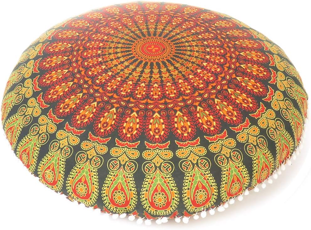 Eyes of India - Mandala Floor Pillow Cover Meditation Cushion Seating Throw Hippie Round Colorful Decorative Bohemian Indian Pouf Ottoman Handmade Cover ONLY (A1 Green, 32" x 32")