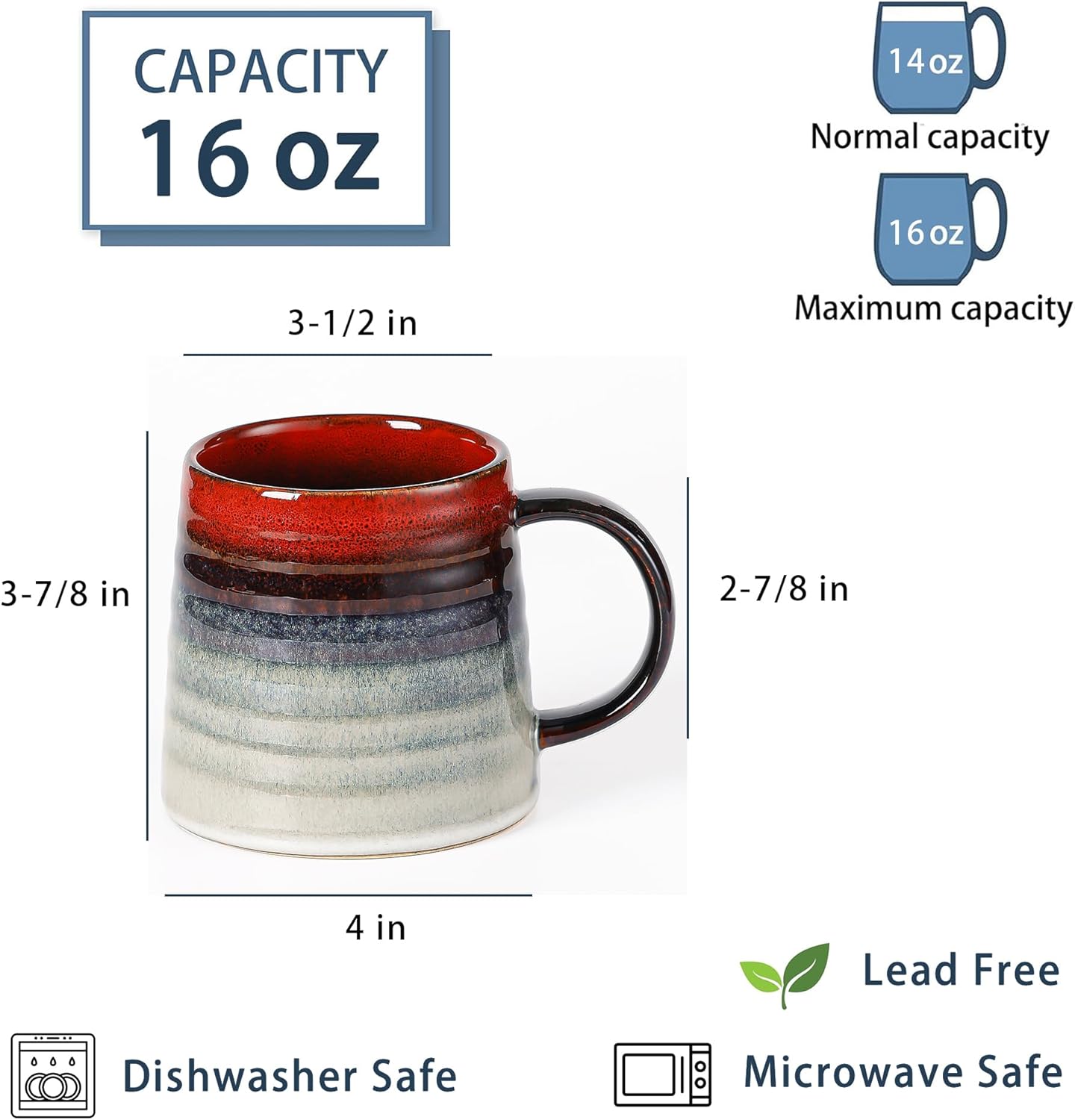 Large Ceramic Coffee Mugs, Handmade Pottery Mug, Tea Cups with Handle for Office and Home, 16 oz, Dishwasher and Microwave Safe (Ink Red)