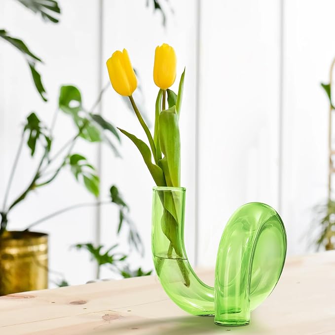Joeyan Handmade Small Green Glass Flower Vase,Decorative Geometric Glass Bud Vase for Modern Home Centerpieces Living Room Office,4.72" Abstract Vase for Single Flower and Dry Flowers