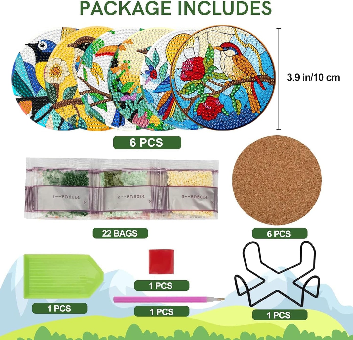 EWJRNSF 6 PCS Small Diamond Art Coasters Kits, Diamond Painting Coasters, Fall Diamond Art Kits for Adults Beginners, Arts and Crafts Item Sets with Holder for Drinks. Bird