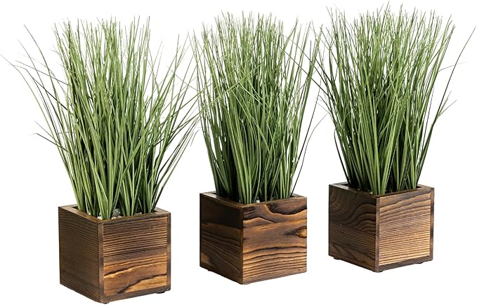 MyGift Artificial Green Grass Plants Trio in Rustic Burnt Solid Wood Planter Boxes, Faux Greenery in Decorative 4 Inch Square Wooden Containers, Set of 3