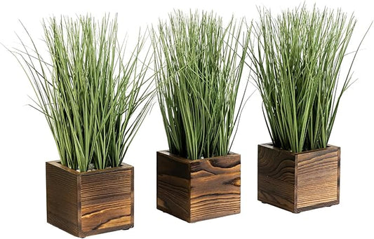 MyGift Artificial Green Grass Plants Trio in Rustic Burnt Solid Wood Planter Boxes, Faux Greenery in Decorative 4 Inch Square Wooden Containers, Set of 3