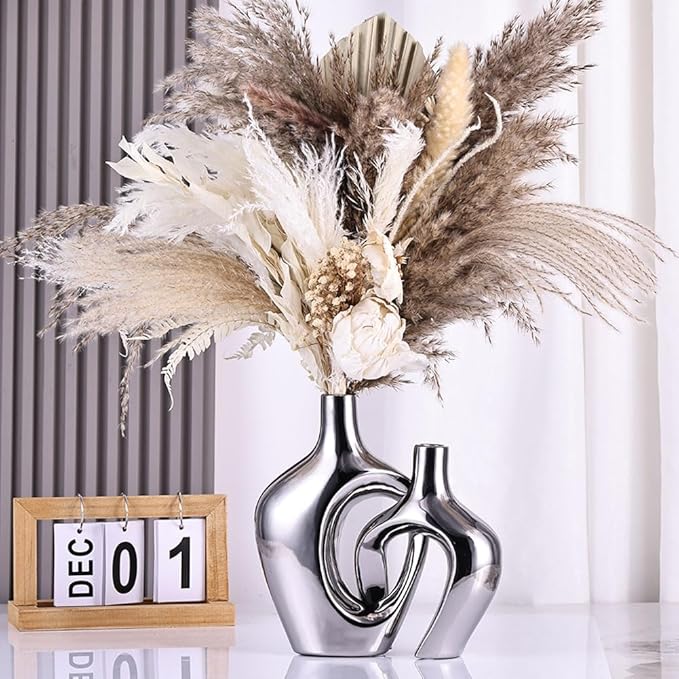 Silver Hollow Ceramic Vases Set of 2 - Modern Nordic Boho ins Style Vases for Decor, Decorative Pampas Grass Flower Vases for Wedding, Living Room, Office, Entrance, Dining Table Decor Centerpieces