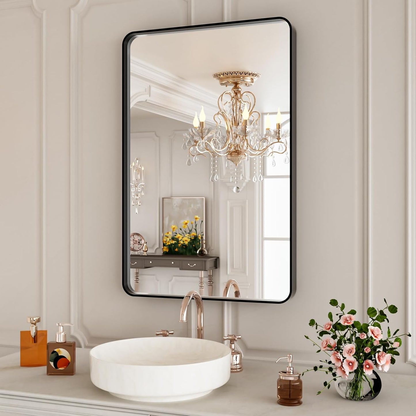 Black Bathroom Mirror 20x30 Inch,Bathroom Vanity Mirror for Wall,Rectangular Round Corner Black Metal Framed Mirror(Horizontal/Vertical)