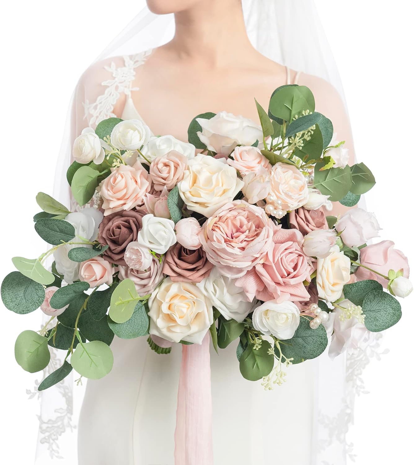 Ling's moment Pink Wedding Bouquets for Bride, Dusty Rose Bridal Bouquets for Bride, 15 Inch Free Form Artificial Wedding Flowers Bouquets