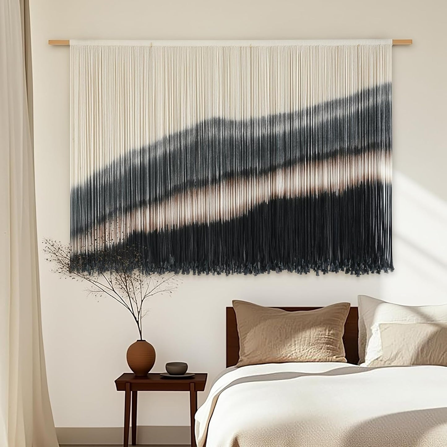 Jakalin Large Macrame Wall Hanging Dip Dyed Boho Wall Decor For Living Room Bedroom Entryway 57" Wx35 L Modern Fiber Yarn Wall Art Handmade Black Home Decor