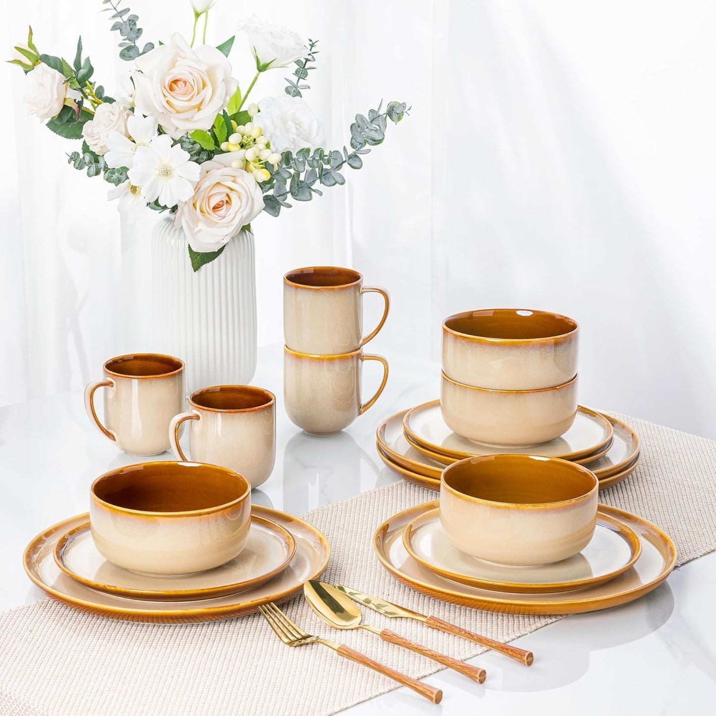 LERATIO Ceramic Dinnerware Sets for 8,Plates and Bowls Sets,Reactive Glaze Dishes Set,Highly Chip and Crack Resistant | Dishwasher & Microwave & Oven Safe Dishes set,Service for 8-Kahki (24pc)