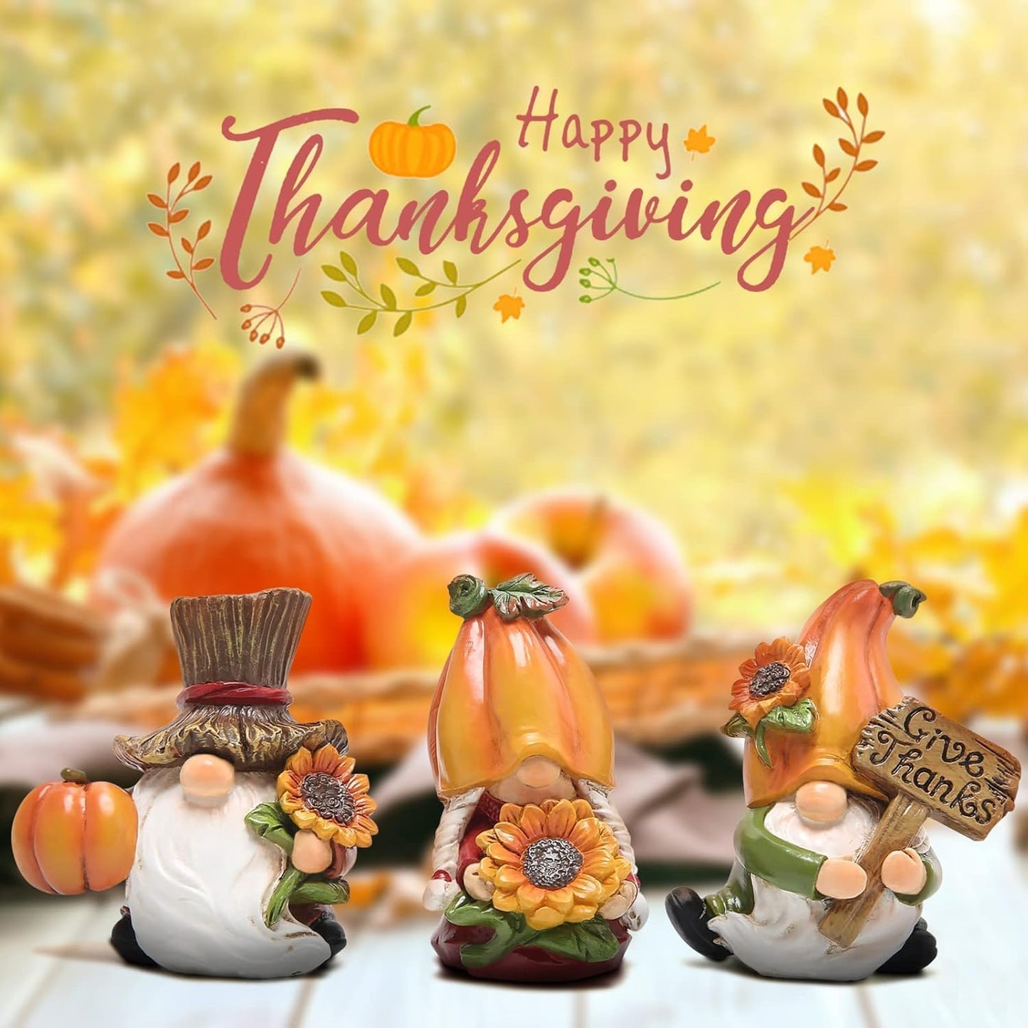 Hodao Thanksgiving Decorations Indoor - Resin Fall Gnome Figurines with Pumpkin and Sunflower, Harvest Autumn Table Decor, for Family and Friends, Holiday Thanksgiving Centerpiece