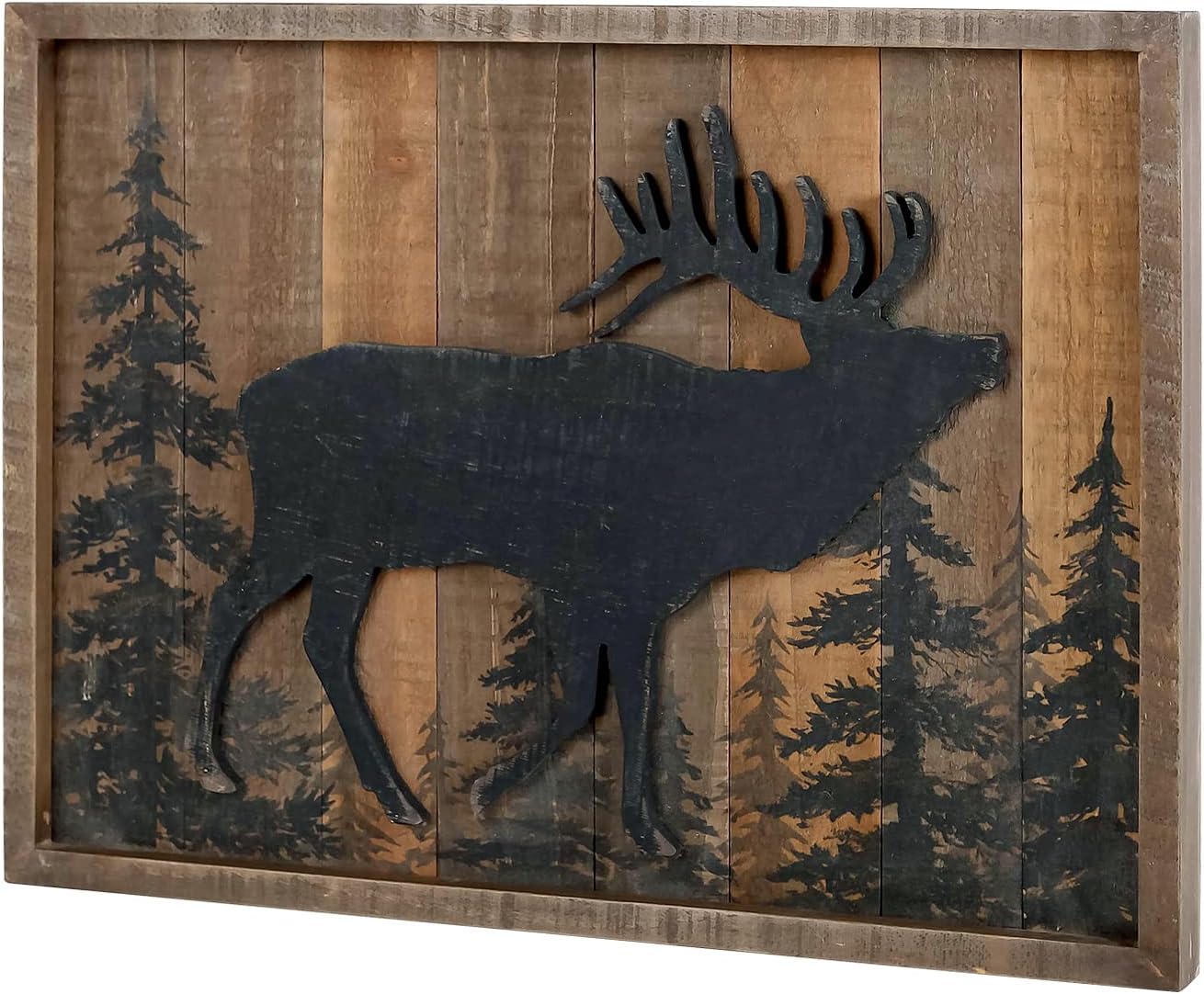 NIKKY HOME Deer Cabin Wall Decor, 3D Elk Rustic Wood Forest Mountain Woodland Wildlife Lodge Animal Picture Art Bathroom Decor, 16 x 12 Inches
