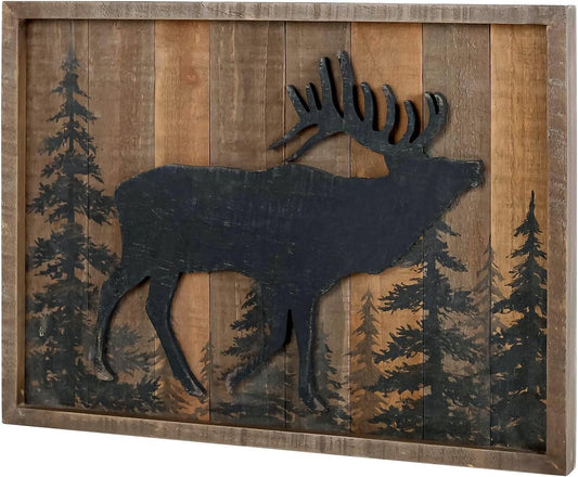 NIKKY HOME Deer Cabin Wall Decor, 3D Elk Rustic Wood Forest Mountain Woodland Wildlife Lodge Animal Picture Art Bathroom Decor, 16 x 12 Inches