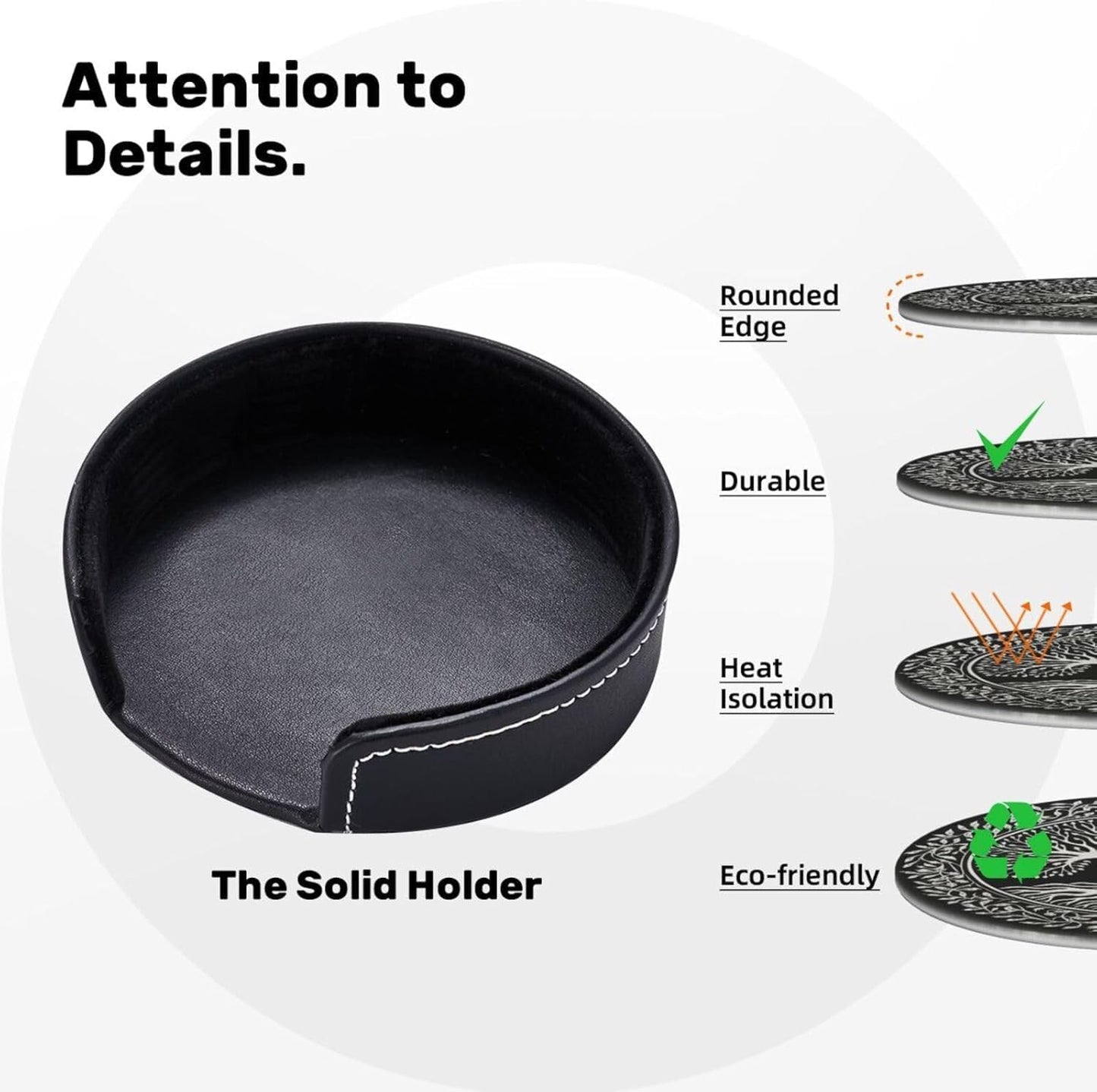 Drink Coasters with Holder Stand Set of 6, Tree of Life Stamp Pu Leather Absorbent Coasters with Cork Base Table Coaster Round for Housewarming Apartment Kitchen Bar Decor