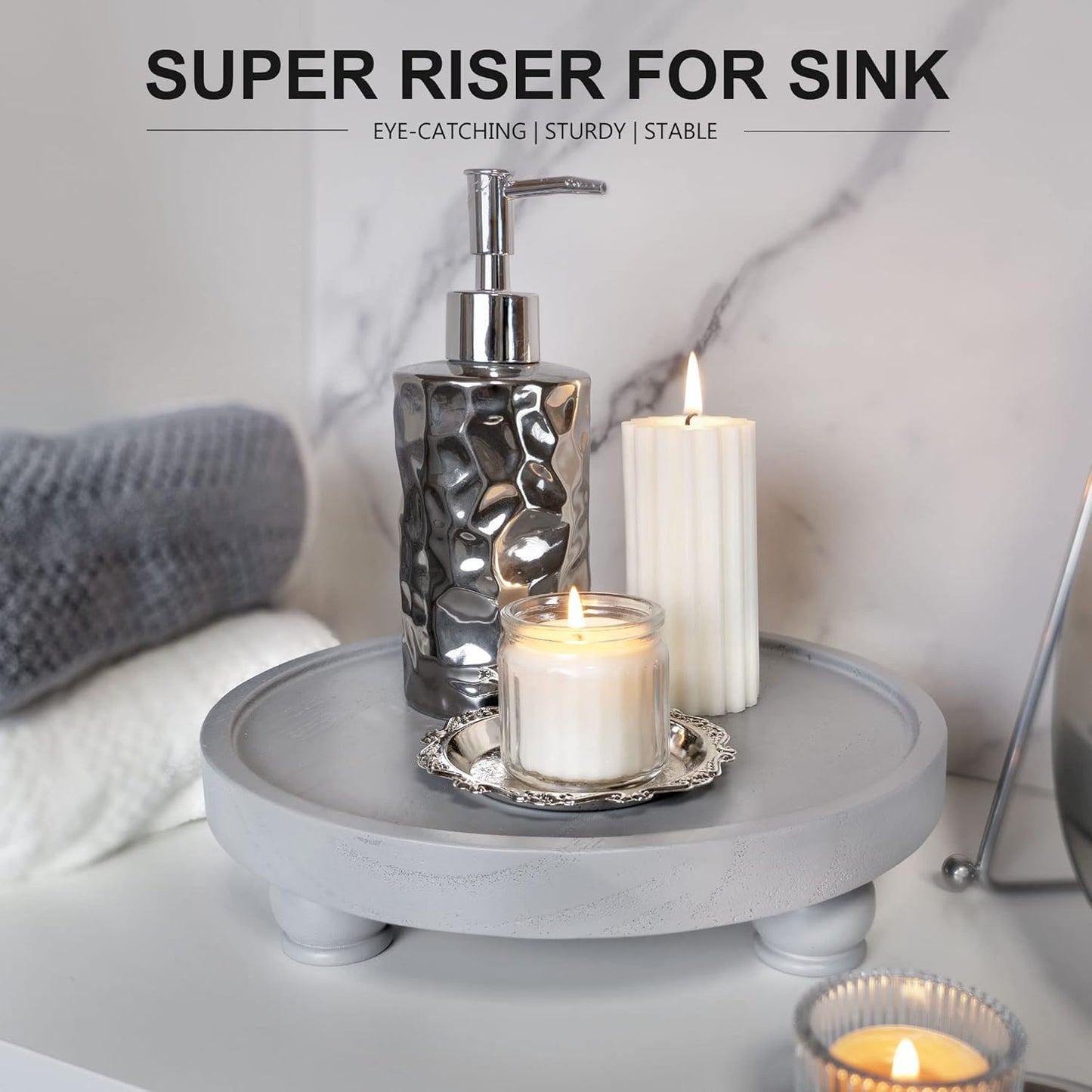 EOSAHR Modern Wooden Risers for Display: Farmhouse Pedestal Stand for Home, Kitchen and Bathroom Counter Decor - Stylish Round Waterproof Decorative Tray for Organize Soap, Sink, Jewelry (Gray)