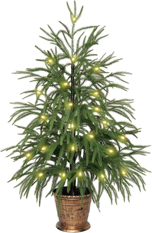 XmasExp 3ft Norfolk Pine Tree with Lights Artificial Faux Potted Christmas Tree for Front Porch Indoor Outdoor Decor
