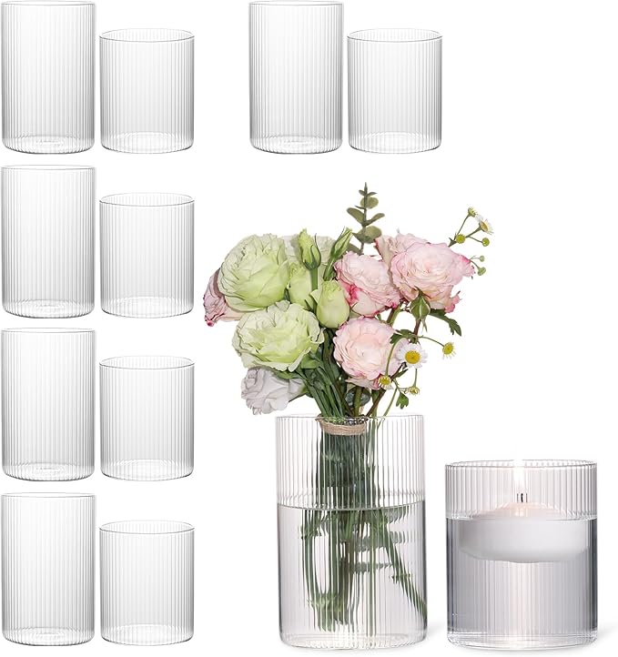 12pcs Glass Cylinder Vases for Centerpieces, Clear Ribbed Flower Vases for Wedding Decorations, Vintage Decorative Vase Set for Flowers, Hurricane Floating Candle Holder for Party Home Decor, 4''+6''