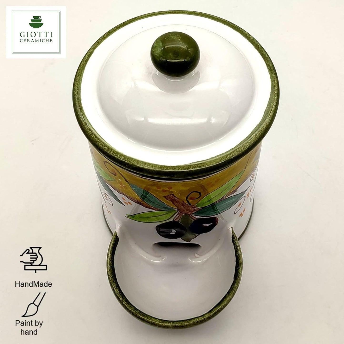 Italian Ceramic Salt Keeper - Hand Painted kitchen Storage Salt Jar with lid Tea Coffee and Spices- Made in ITALY Tuscany - Italian Pottery - Home Decor Olive