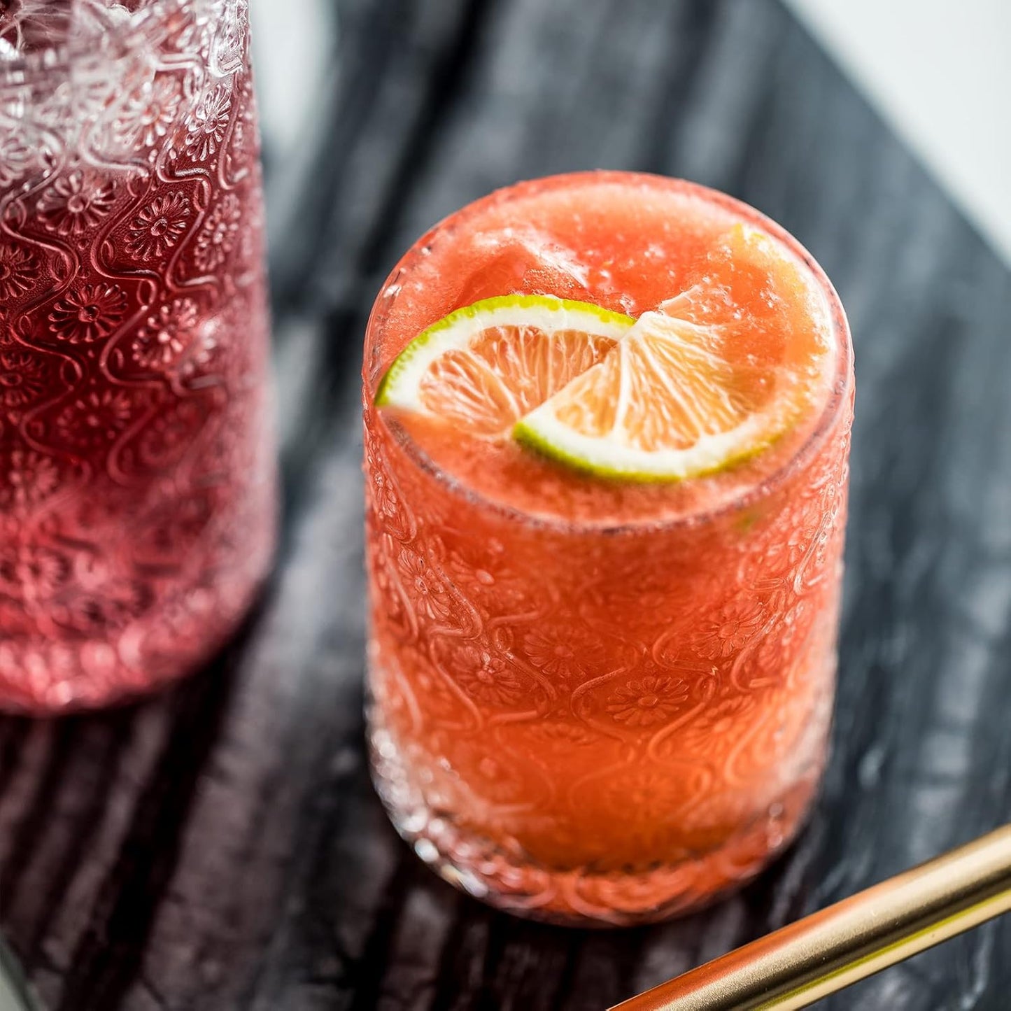 Glass Cups Vintage Glassware Set of 4, Drinking Glasses 9oz, Embossed Pattern Style Transparent Cocktail Glasses Set, for Ice Coffee,Juice,Beer,Bar Beverages,Drinkware, Transparent (S)