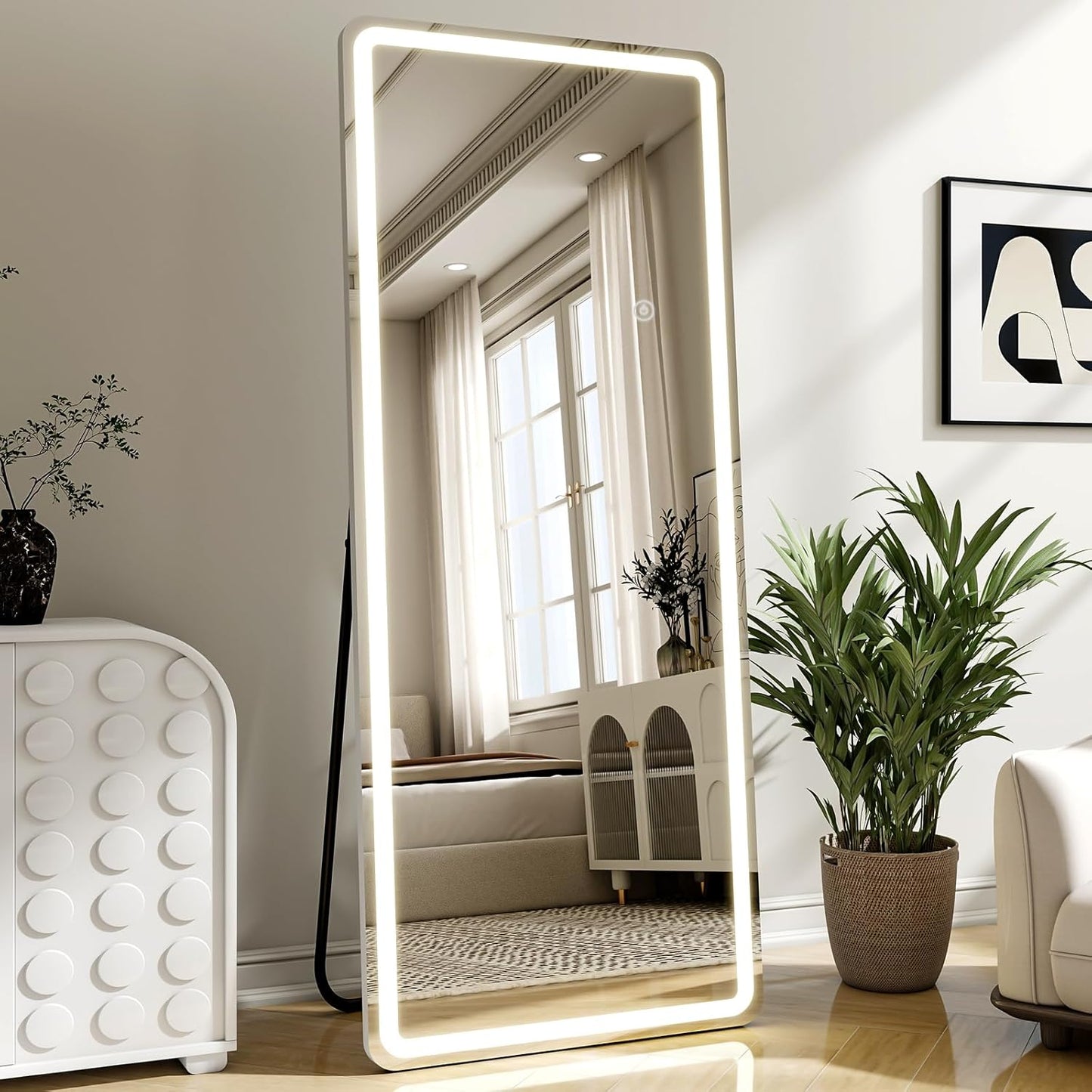 LED Full Length Mirror with Lights - 71"x26"Floor Standing Mirror with Rounded Corner Dimmable 3 Color Lighting, Aluminum Frame,Leaning Hanging for Bedroom Cloakroom, White