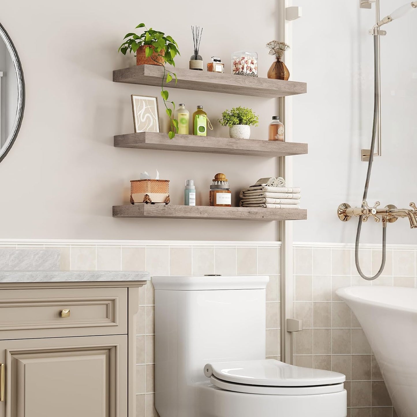 Floating Shelves for Wall, 1.5" Thick Wall Shelf Set of 3 with Invisible Brackets, L31.5 x W7.9 Hanging Book Shelves Farmhouse Home Decor for Bathroom, Living Room, Bedroom, Greige 8301BJP3BG